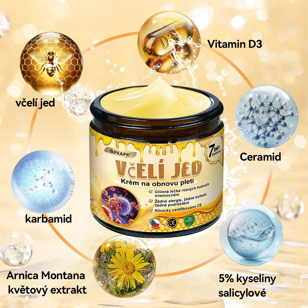 Dermatologicky a klinicky testováno🎁🐝APKAPK®Bee Venom Krém na obnovení pleti🐝 pomáhá při léčbě kožních problémů, jako jsou: vrásky, jizvy, pigmentové skvrny, strie, akné, psoriáza, ekzém, kožní změny, podráždění, záněty a další kožní problémy.